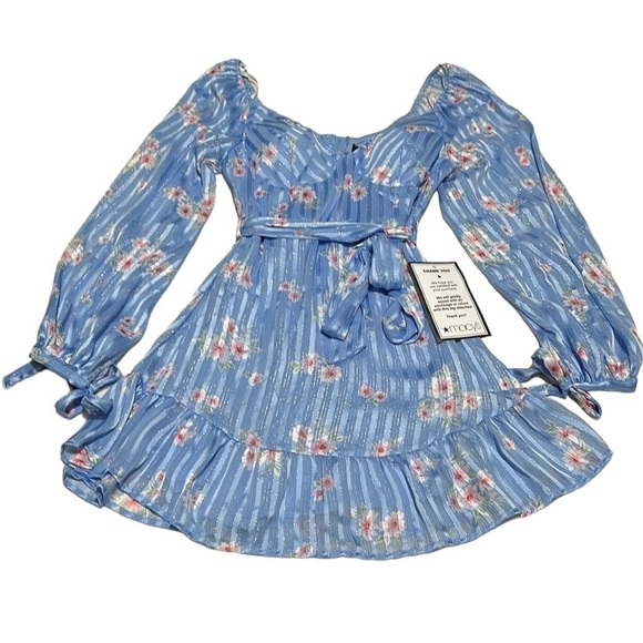 B DARLIN Womens Blue Lined Belted Padded Long Sleeve Short Dress 3/4 NWT - Picture 7 of 16